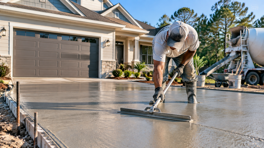 Concrete contractor finishing a residential driveway project representing professional concrete services and installation.