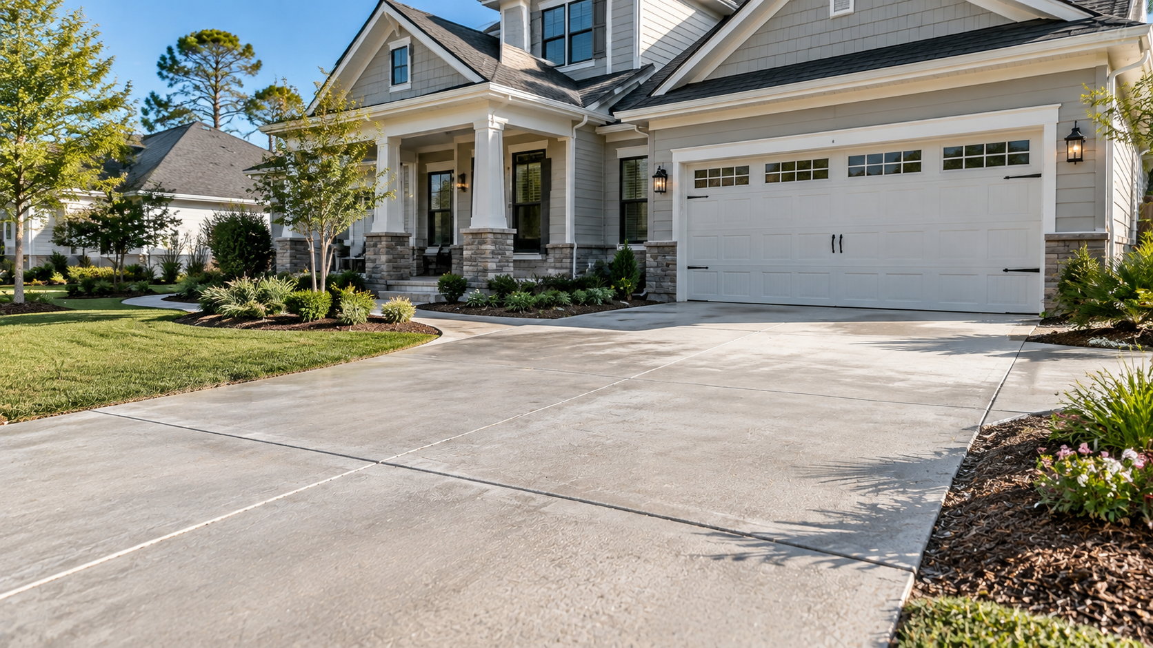 Modern residential concrete driveway showing a finished surface and professional concrete installation design.